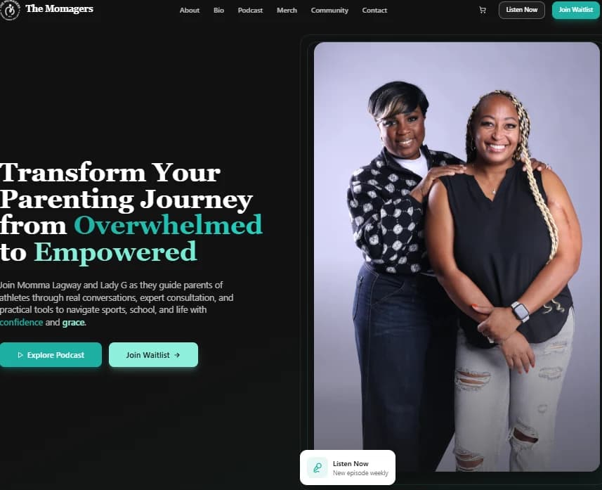The Momagers Podcast homepage with the headline "Transform Your Parenting Journey from Overwhelmed to Empowered" beside a photo of the two hosts